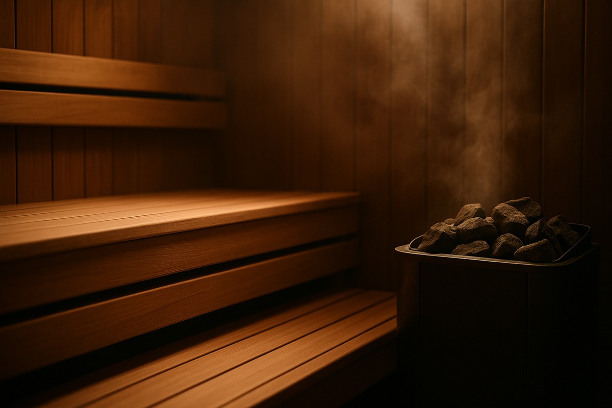Close-up of a wood-paneled sauna interior with stacked cedar benches and a stone sauna stove releasing gentle steam.