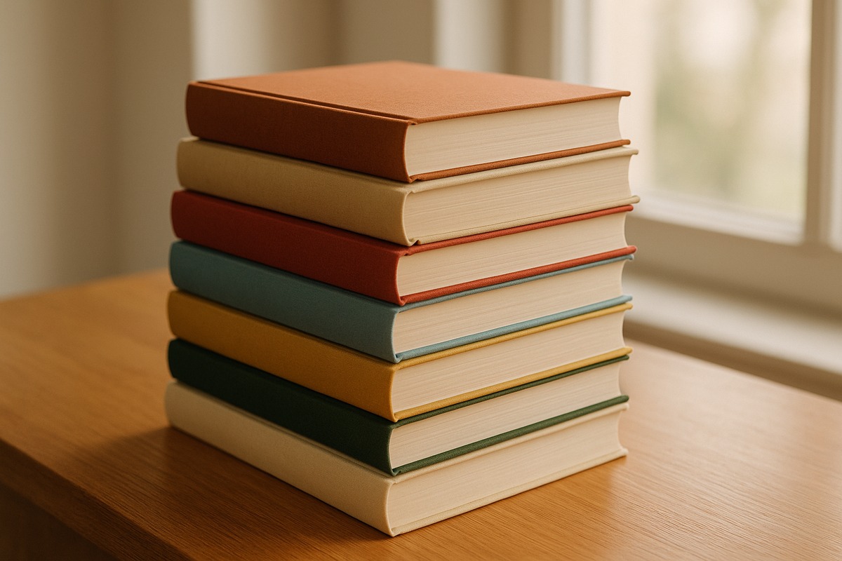 Close-up photograph of a neat stack of hardcover books with plain solid-colored covers on a wooden counter in soft natural window light.
