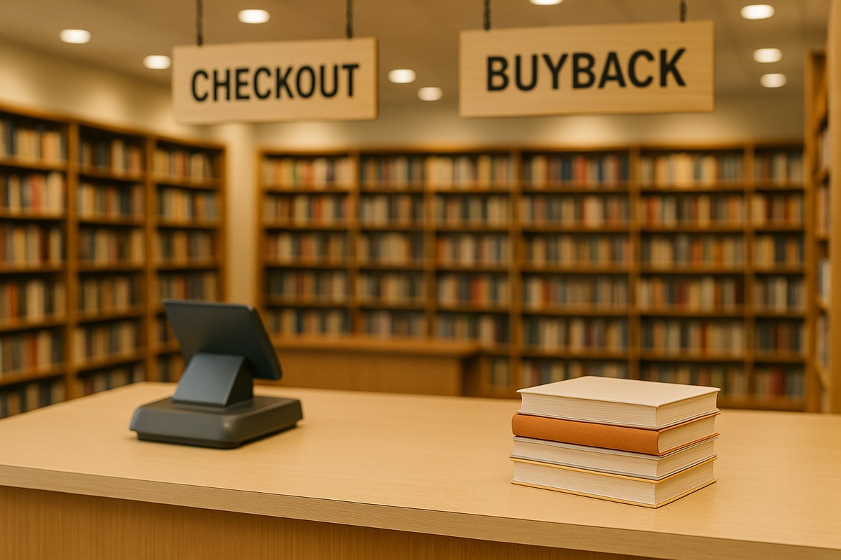 Photograph of a bookstore checkout and buyback counter area, with “CHECKOUT” and “BUYBACK” signage above a scanner and a small stack of books.