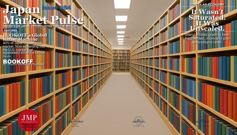 Magazine-style cover image of a long, orderly Japanese used-bookstore aisle with color-coded book spines, overlaid with Japan Market Pulse Issue 064 headline text about BOOKOFF's global expansion and store-count statistics.