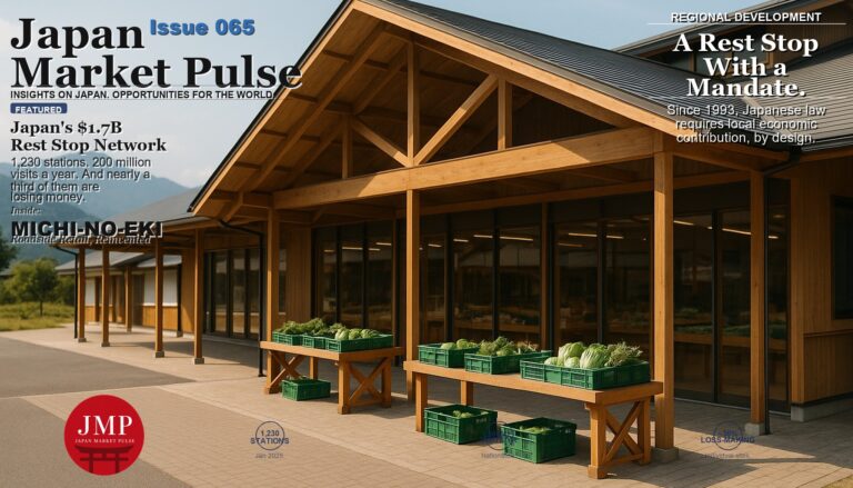 Exterior of a modern Japanese roadside rest station (michi-no-eki) with wooden post-and-beam architecture, crates of fresh local vegetables displayed on outdoor tables, and mountains in the background.