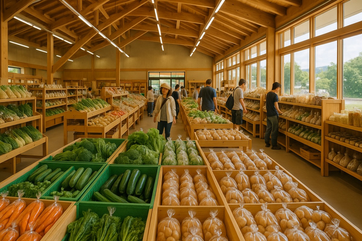 Wide-angle photo of a bustling indoor farmers-market-style retail hall inside a roadside station, with wooden shelving stocked with local produce and shoppers browsing the aisles.