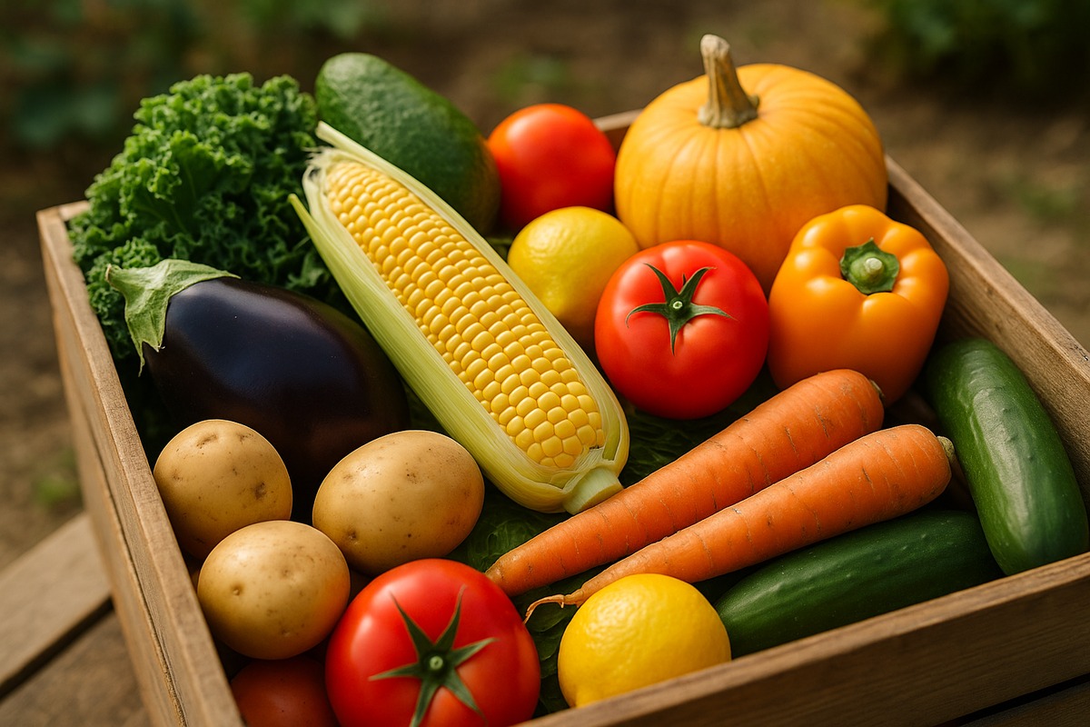 Close-up of a wooden crate overflowing with fresh, colorful local vegetables and fruits, including corn, tomatoes, carrots, potatoes, and a pumpkin, in a farmers-market still life.