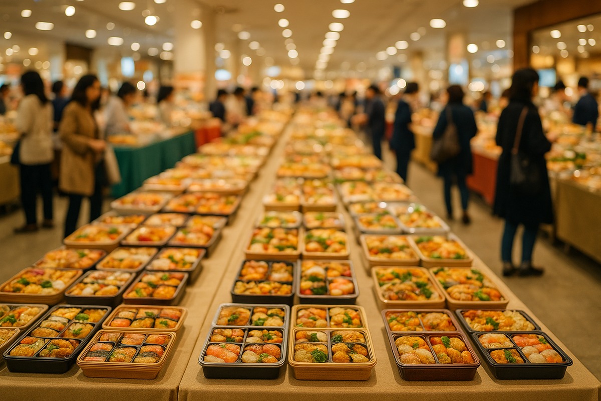 Wide-angle view of a bustling department store food fair hall, with long tables of neatly arranged boxed lunches and blurred shoppers browsing in the background.