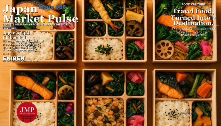 Overhead flat-lay of several open Japanese bento boxes arranged in a grid, each showing neatly divided compartments of rice, fish, vegetables, and pickles on a wooden surface.