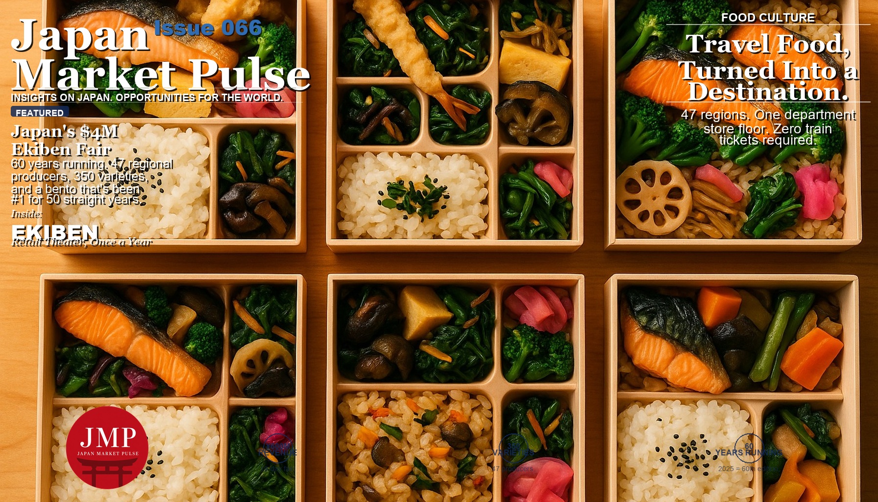 Overhead flat-lay of several open Japanese bento boxes arranged in a grid, each showing neatly divided compartments of rice, fish, vegetables, and pickles on a wooden surface.