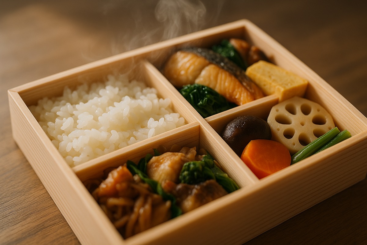Close-up of a single open bento box with beautifully arranged rice and regional dish compartments, steam rising softly in warm natural light.