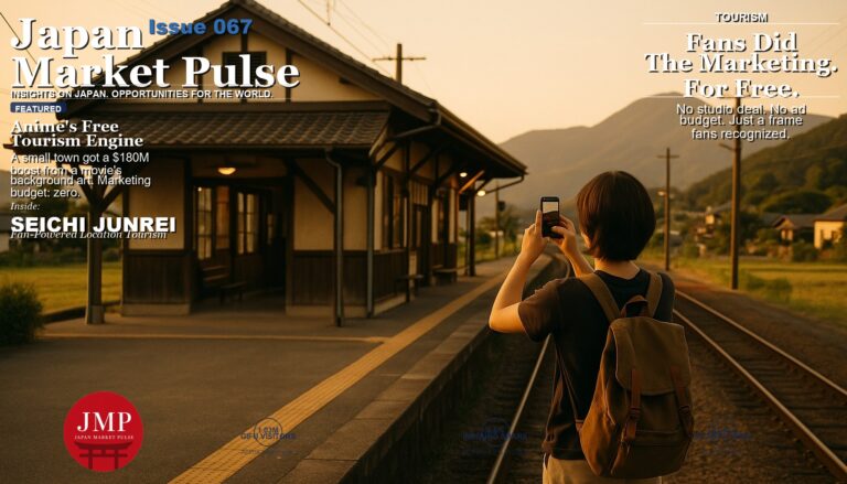 A young traveler, seen from behind, holds up a smartphone to photograph a quiet small-town Japanese train station platform bathed in golden-hour light, with mountains in the distance.
