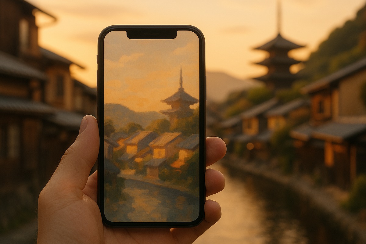 A close-up of a smartphone held up against a real Japanese townscape, its screen showing a soft, painterly illustration that echoes the scene behind it, evoking a fan-made frame-by-frame anime location comparison.