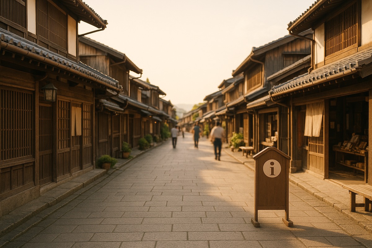 A bright, wide-angle photo of a quiet traditional shopping street in a small Japanese town, with a few blurred pedestrians in warm afternoon light and a small unbranded information signboard in the mid-ground.