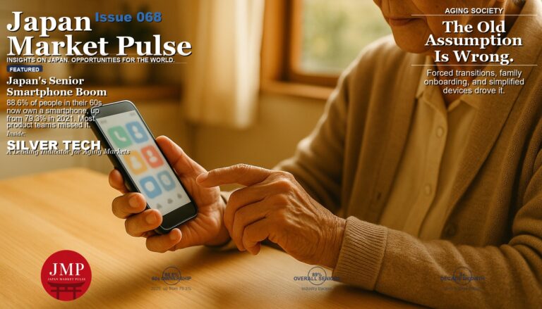 An elderly Japanese person's hands holding and tapping a smartphone with a simplified, large-icon interface at a sunlit kitchen table.