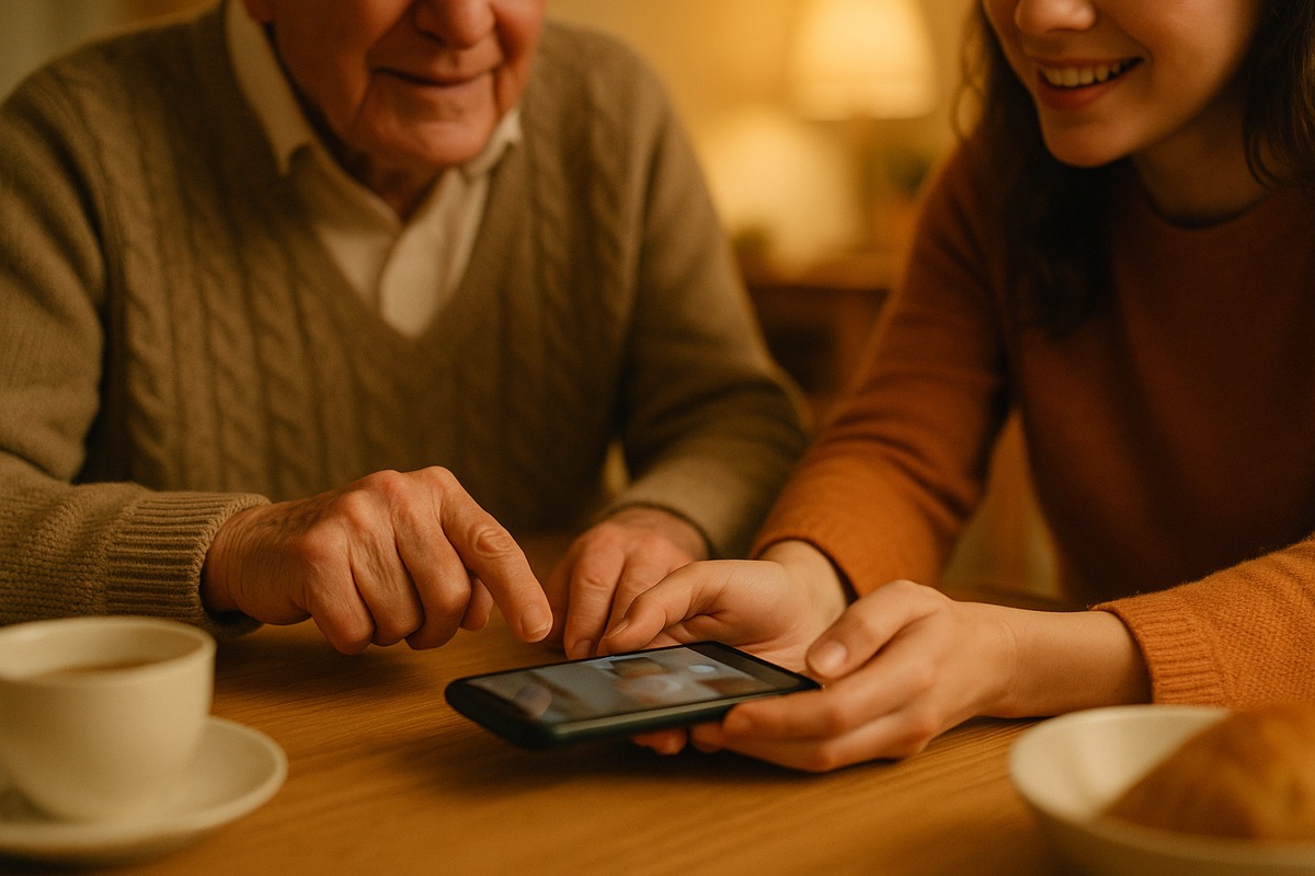 An older adult and a younger family member's hands together over a smartphone at a home dining table, as if helping set up a video call, with coffee and pastries nearby.