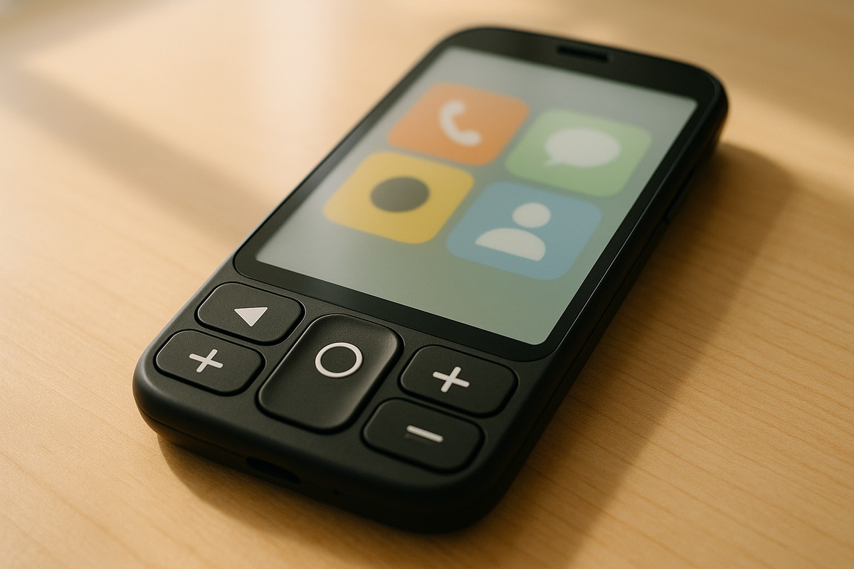 Close-up product photo of a simplified senior-oriented smartphone with large physical buttons and a touchscreen showing big, colorful call, message, and contact icons, resting on a wooden table.