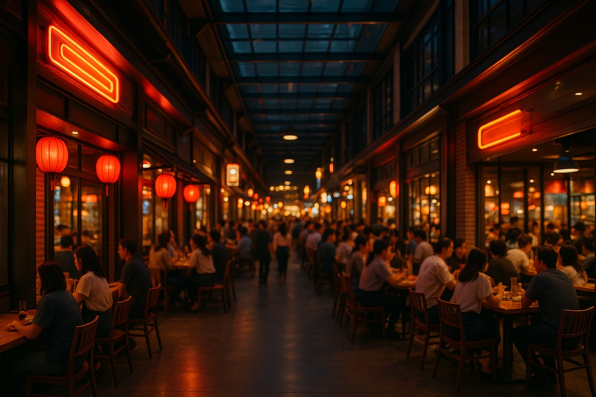 Wide-angle night view of a bustling, newly built indoor alley-style dining complex with neon and lantern lighting and a softly blurred crowd of diners.