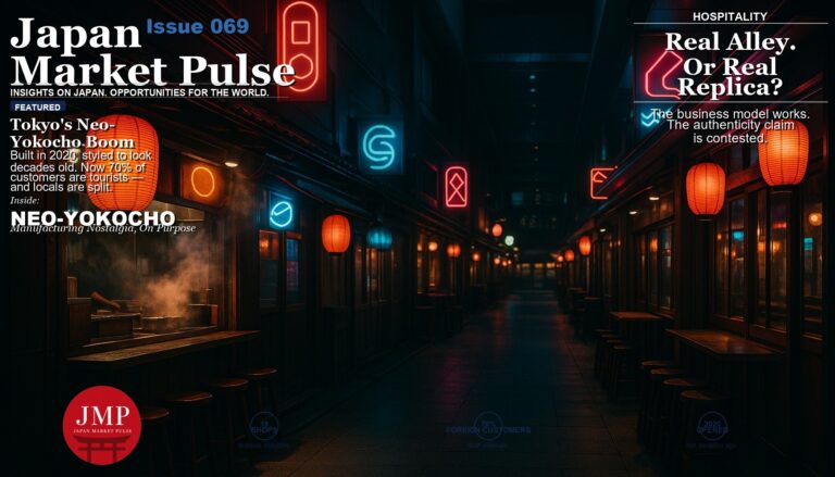 Night view of a narrow, neon-lit indoor alley lined with small izakaya-style bars, glowing paper lanterns, and steam rising from a food stall, styled to evoke Tokyo's postwar yokocho districts.
