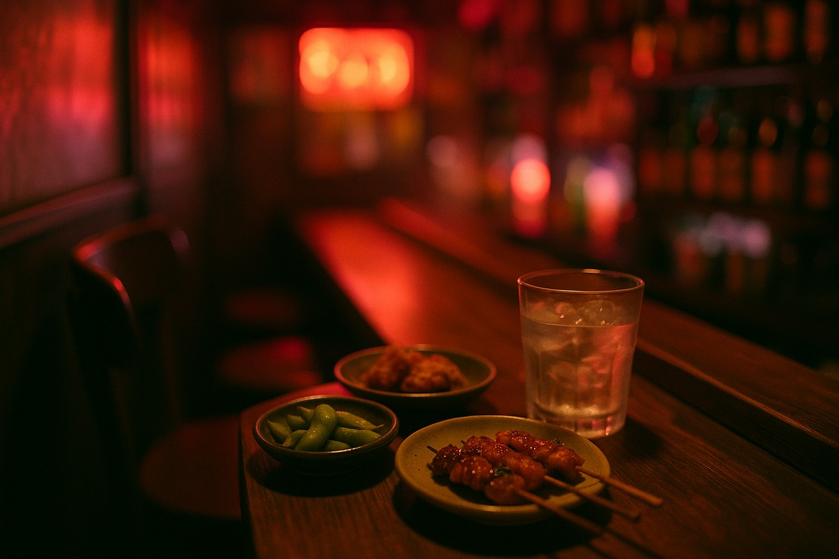 Close-up of a small izakaya counter seat with a few plates of Japanese bar food and a drink glass, warm neon-tinted light softly blurred in the background.