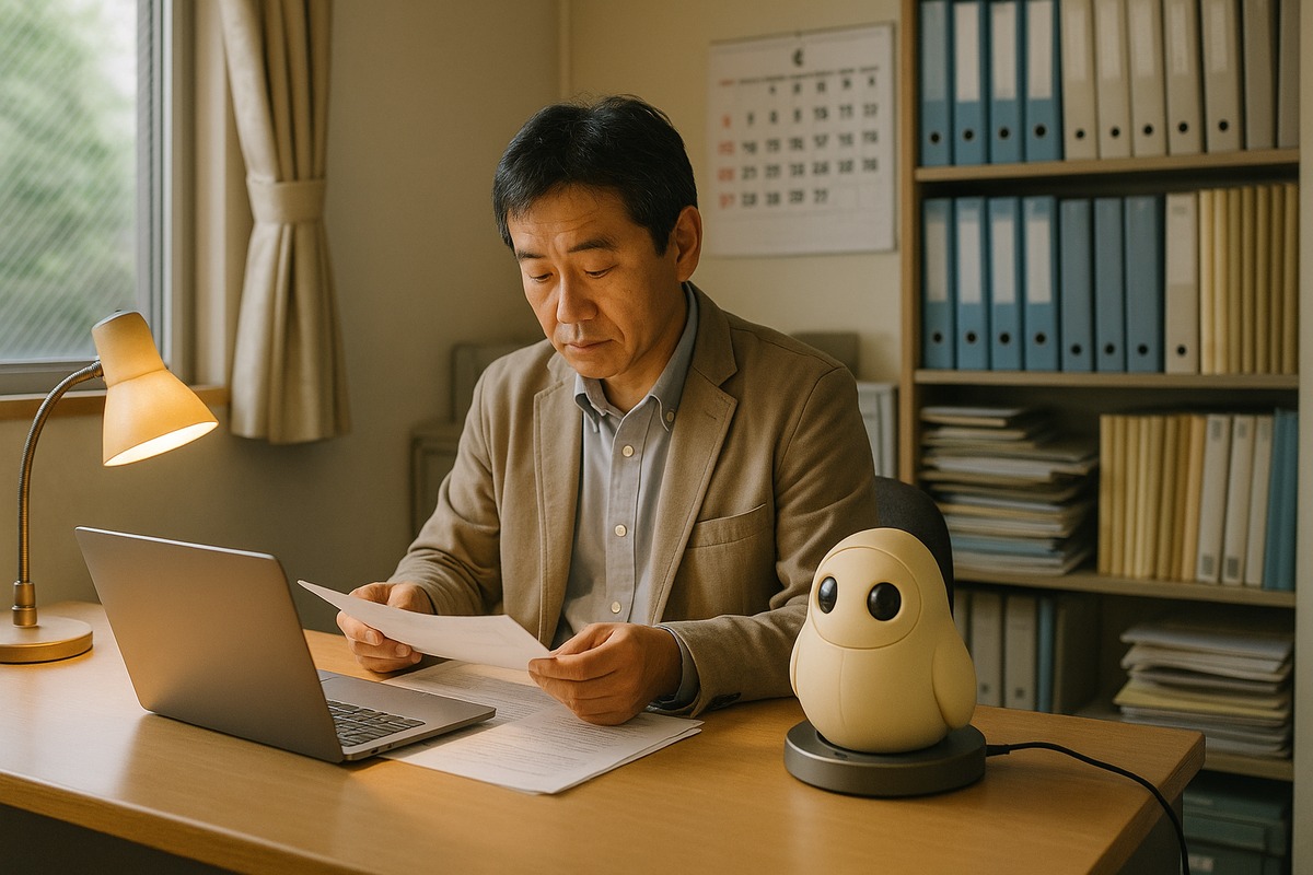 A small meeting room in a Japanese welfare facility with documents spread on the table, evoking a budget committee reviewing an equipment purchase.