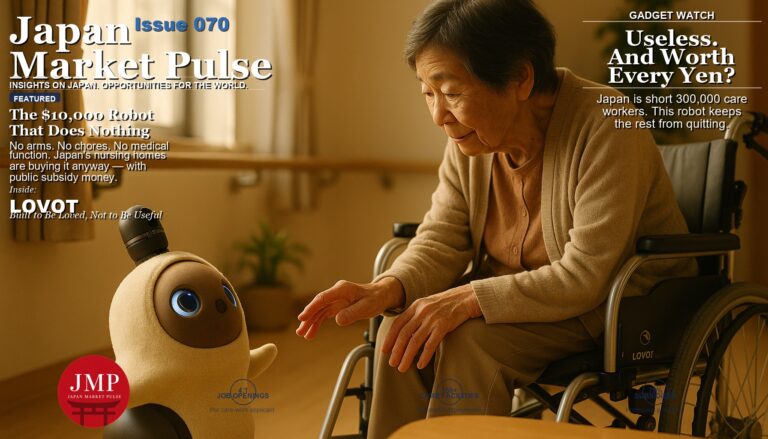 Magazine-style cover photo of a small egg-shaped companion robot in the warmly lit common area of a Japanese nursing home, with Japan Market Pulse cover text overlaid.