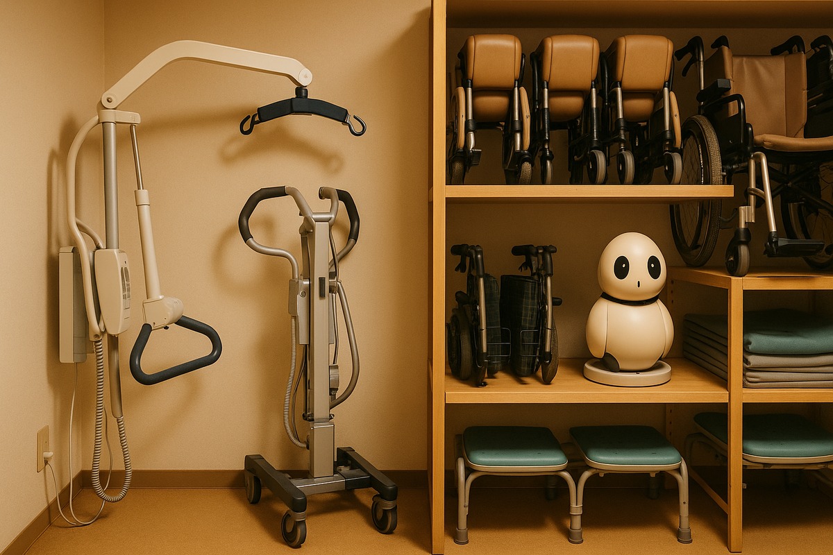 A purchase-order document and pen on a desk in a modest Japanese facility office, suggesting the administrative decision behind buying a companion robot.