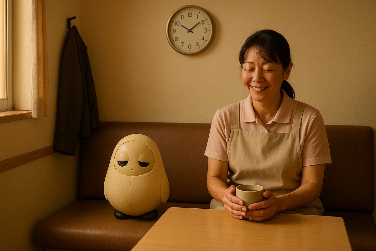 A caregiver staff room in a Japanese nursing facility with lockers and a break table, the setting where staff describe how a companion robot changed shift morale.