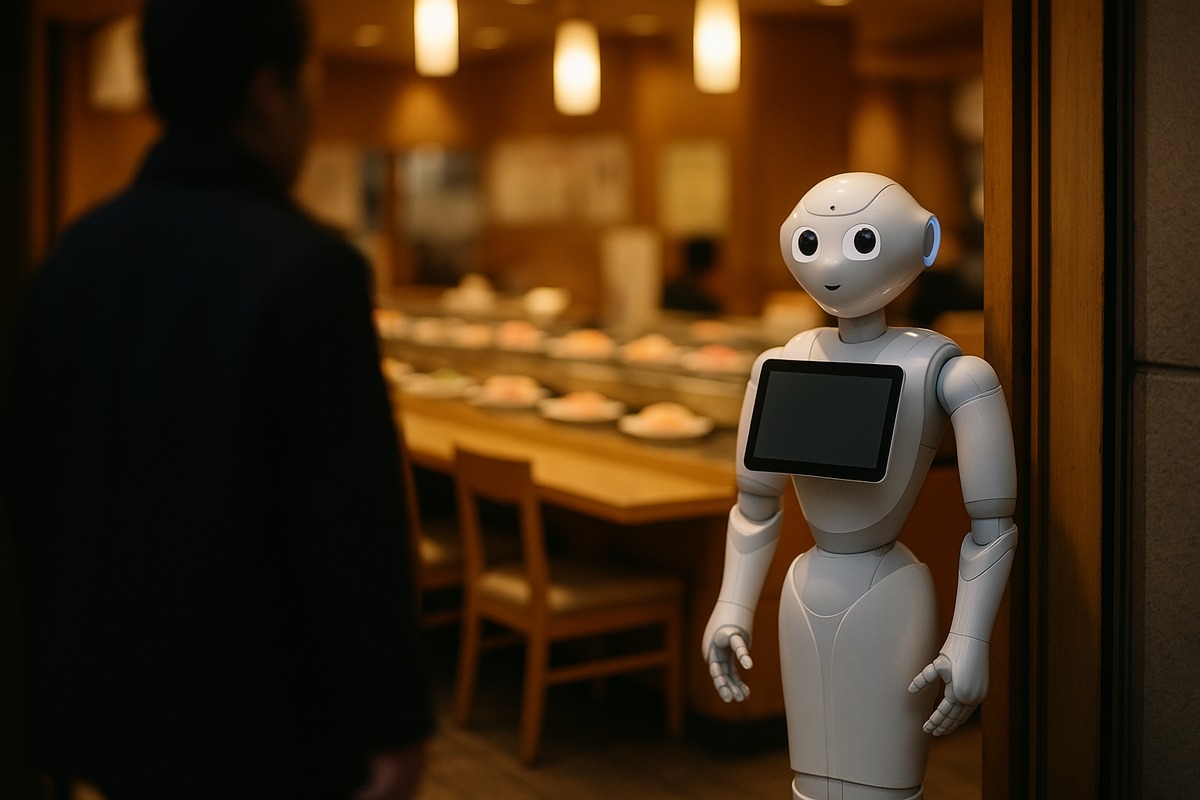 A white humanoid service robot with a chest tablet standing at the entrance of a Japanese conveyor-belt sushi restaurant, illustrating how widely Pepper was deployed in everyday retail and dining.