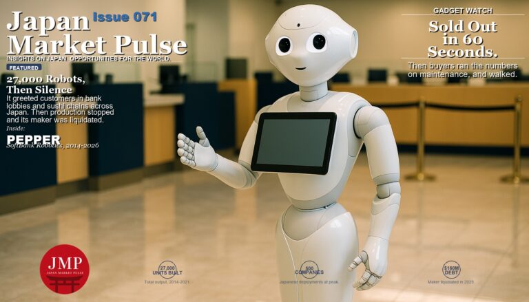 Magazine-style cover photo of a white humanoid service robot with a chest-mounted tablet standing in the marble-floored lobby of a modern Japanese bank branch, with Japan Market Pulse cover text overlaid.