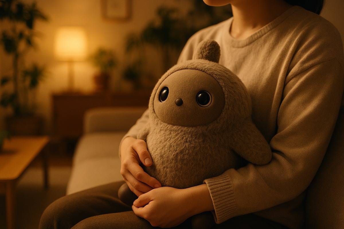 A small round companion robot with fur-like texture and large gentle eyes being held in a person’s arms in a cozy Japanese living room, illustrating the companionship-first design philosophy behind LOVOT.