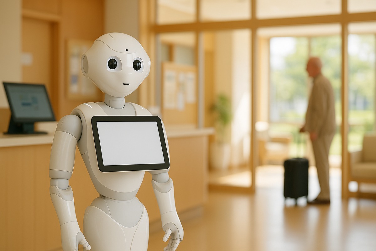 A white humanoid service robot with an updated, larger chest tablet standing in a bright Japanese tourist information counter, representing the 2026 rental-only relaunch of Pepper aimed at tourism and elder-care sites.