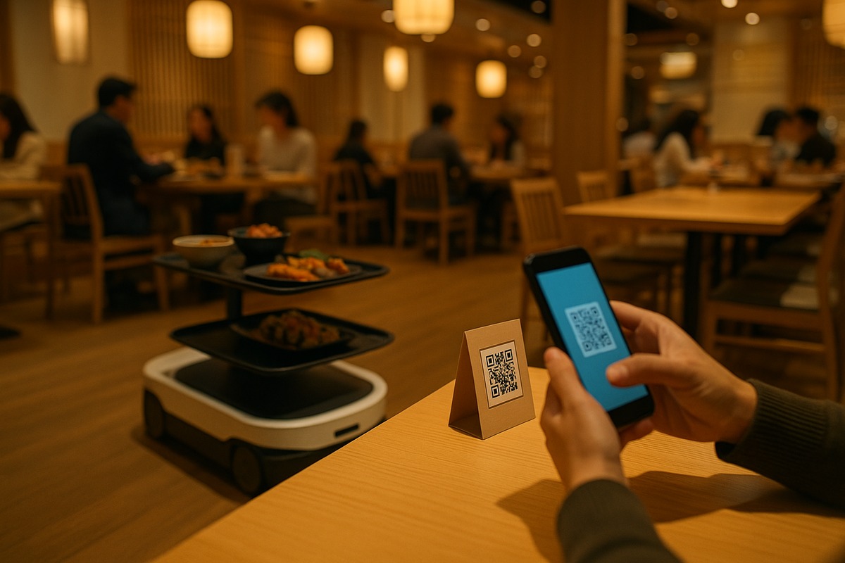 A modern Japanese restaurant where a low, flat wheeled delivery robot carries trays between tables while a diner scans a QR code on a table tent, showing the narrower automation that replaced Pepper on Japanese sales floors.