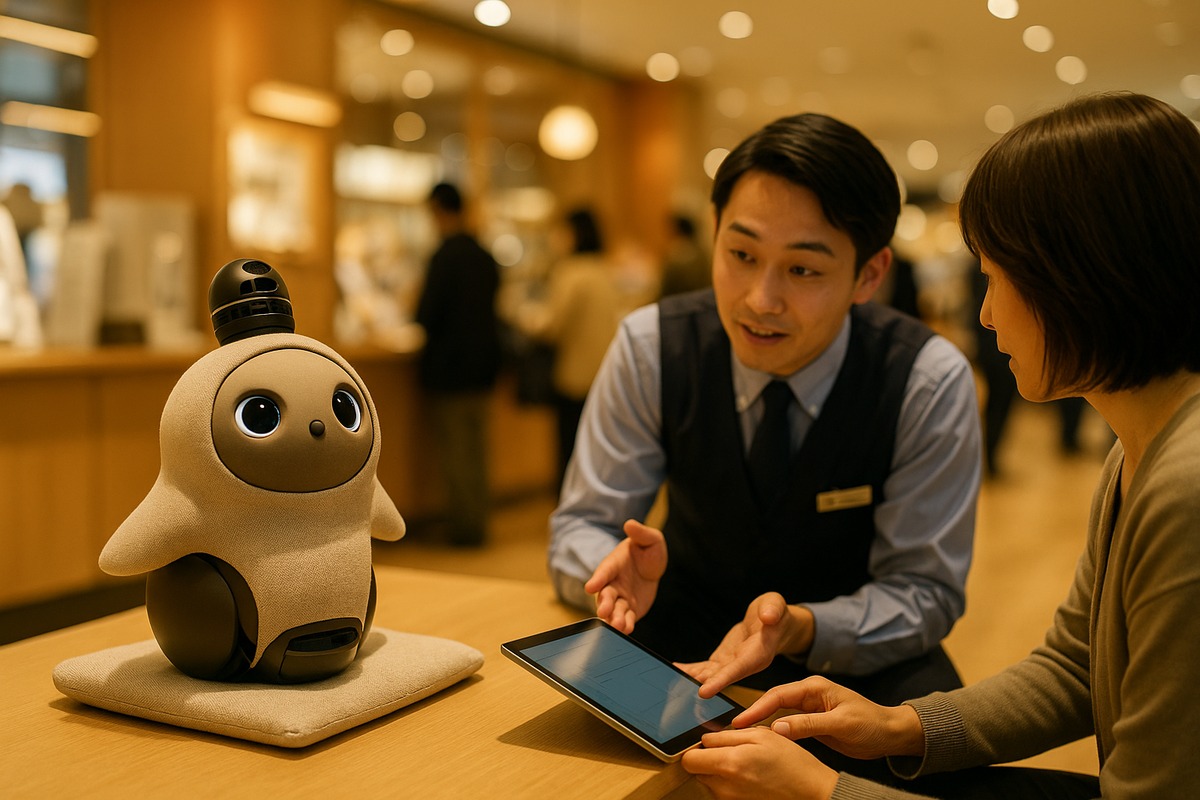 A warmly lit boutique-style retail counter in a Japanese electronics store where a small round big-eyed companion robot sits on a display cushion while a uniformed store associate crouches beside a customer explaining a payment plan on a tablet.