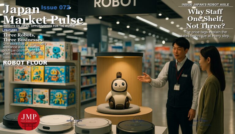 Magazine-style cover photo of the robot department inside a Japanese big-box electronics store, with robot vacuums on a low shelf in the foreground, a warmly lit companion-robot display island mid-ground, and colorful programming-robot kits in the background, with Japan Market Pulse cover text overlaid.
