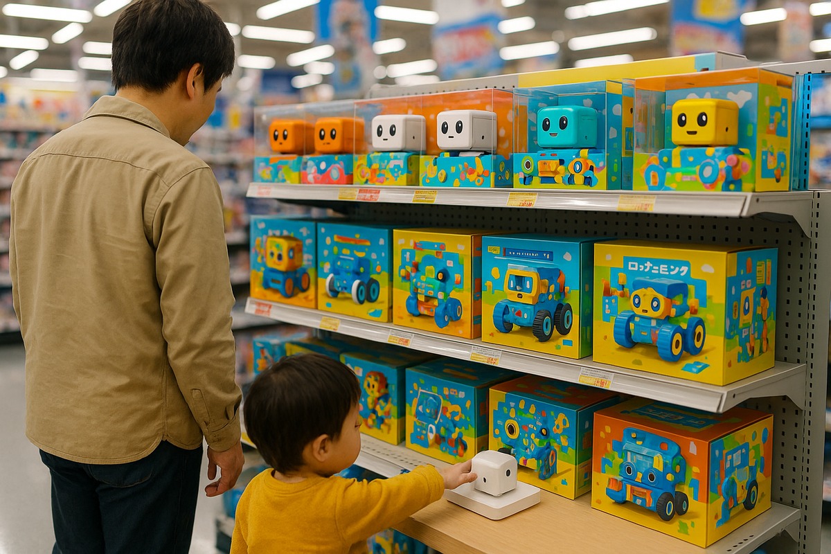 A bright, colorful shelf near the toy and hobby section of a Japanese electronics store stocked with cube-shaped robot toys and educational programming kits, where a young child reaches toward a demo unit on a low table while a parent watches.