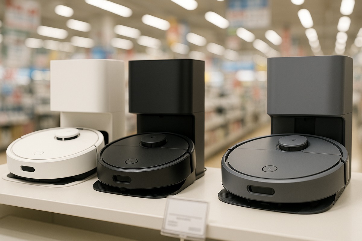 Three modern robot vacuum cleaners docked on their self-emptying charging stations on a retail shelf in a bright Japanese electronics store, displayed like any other mass-market white good.