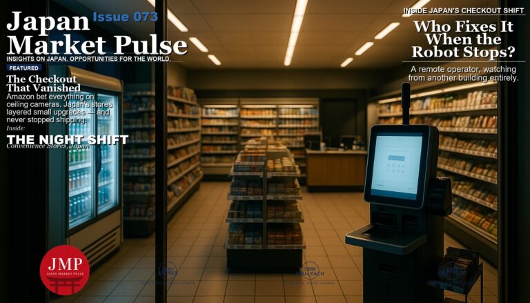 Magazine-style cover photo of the interior of a Japanese convenience store at night, with softly lit shelves, a glowing chilled beverage case, and a self-checkout kiosk in the foreground with no cashier behind the counter, with Japan Market Pulse cover text overlaid.