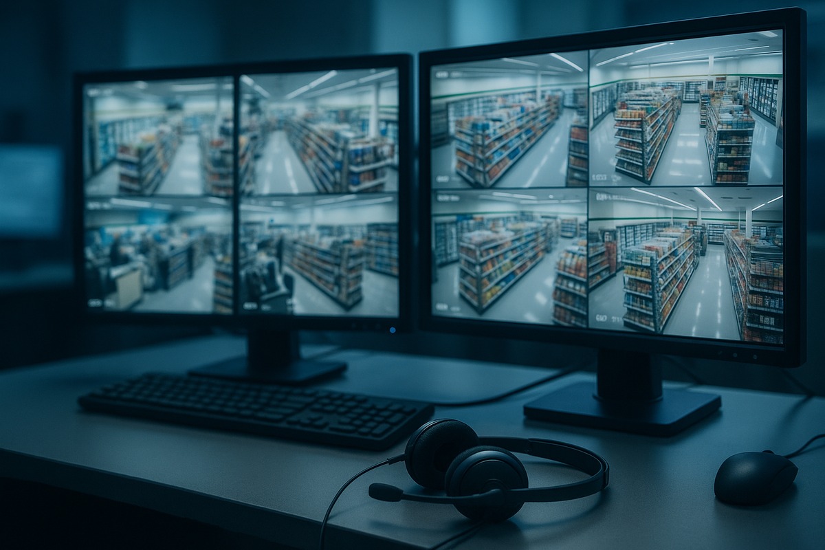 A remote monitoring workstation with multiple screens showing live camera feeds from several different convenience store interiors, with a headset resting on the desk under soft blue-toned lighting.