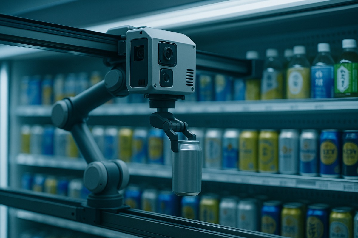 A compact rail-mounted robotic arm with visible cameras and sensors gliding above a chilled beverage case inside a Japanese convenience store, placing a canned drink into an empty slot on the shelf.