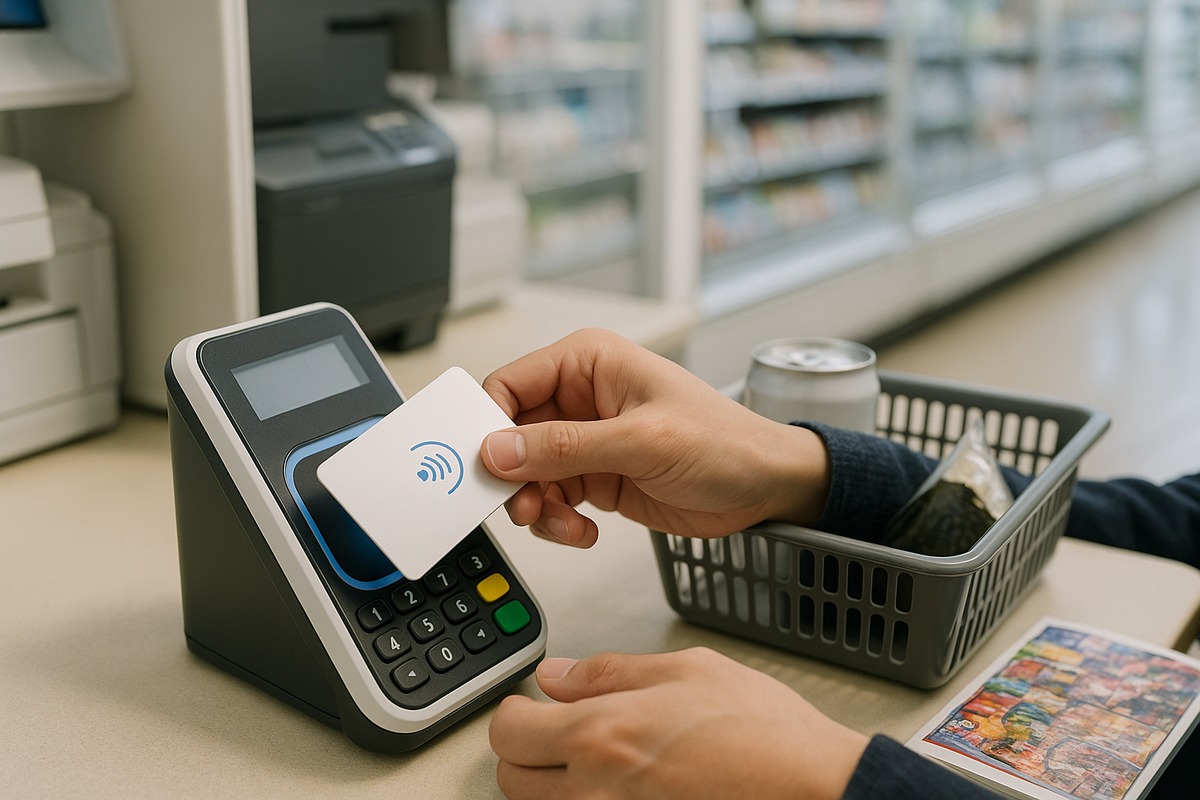 Close-up of a customer tapping a transit smart card on a compact self-checkout payment terminal in a Japanese convenience store, with a basket holding a rice ball, a canned drink, and a magazine on the counter beside it.