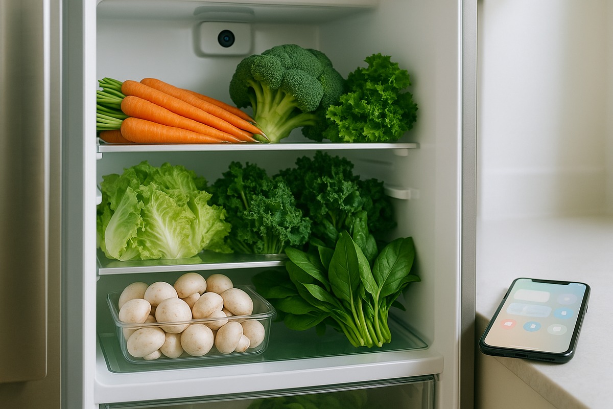 Open refrigerator interior filled with fresh vegetables on glass shelves, with a small camera lens visible near the top inside edge of the door and a smartphone on the counter showing a recipe app interface.