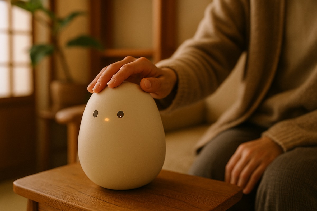 Close-up of a person’s hand resting gently on a small egg-shaped companion robot with a matte cream-white shell and simple dot eyes, sitting on a wooden side table in a cozy Japanese living room.