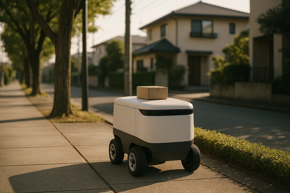 A small boxy wheeled autonomous delivery robot with a matte white and gray shell rolling along a tree-lined residential sidewalk in a quiet Japanese suburb, with a package on its flat top surface.
