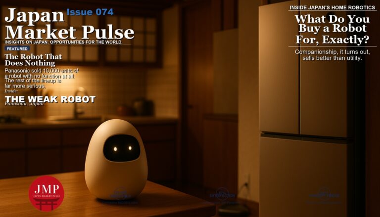 Magazine-style cover photo of a warmly lit modern Japanese kitchen in the evening, with a small egg-shaped companion robot on the wooden counter beside a built-in refrigerator and a triangular robot vacuum working in the background, with Japan Market Pulse cover text overlaid.