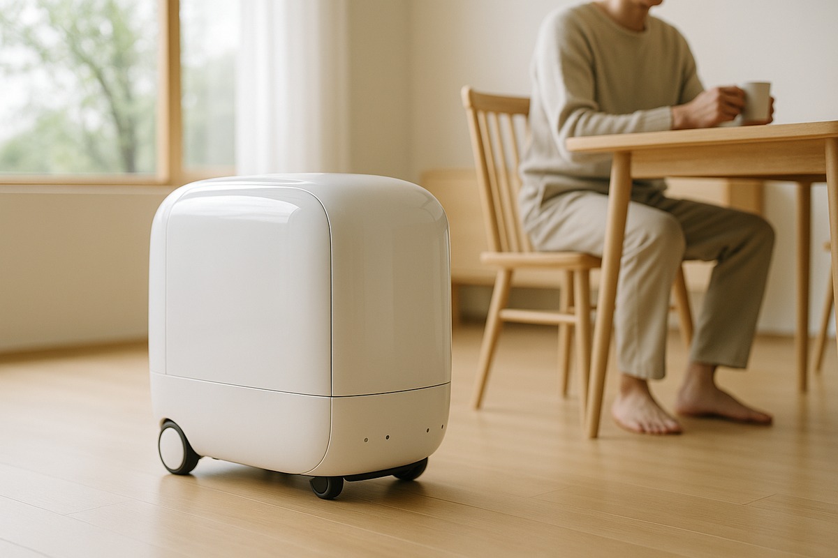 A compact, rounded mobile refrigerator unit with a glossy white shell and small sensor bumps gliding across a bright minimalist kitchen floor toward a wooden dining table where a person is seated.
