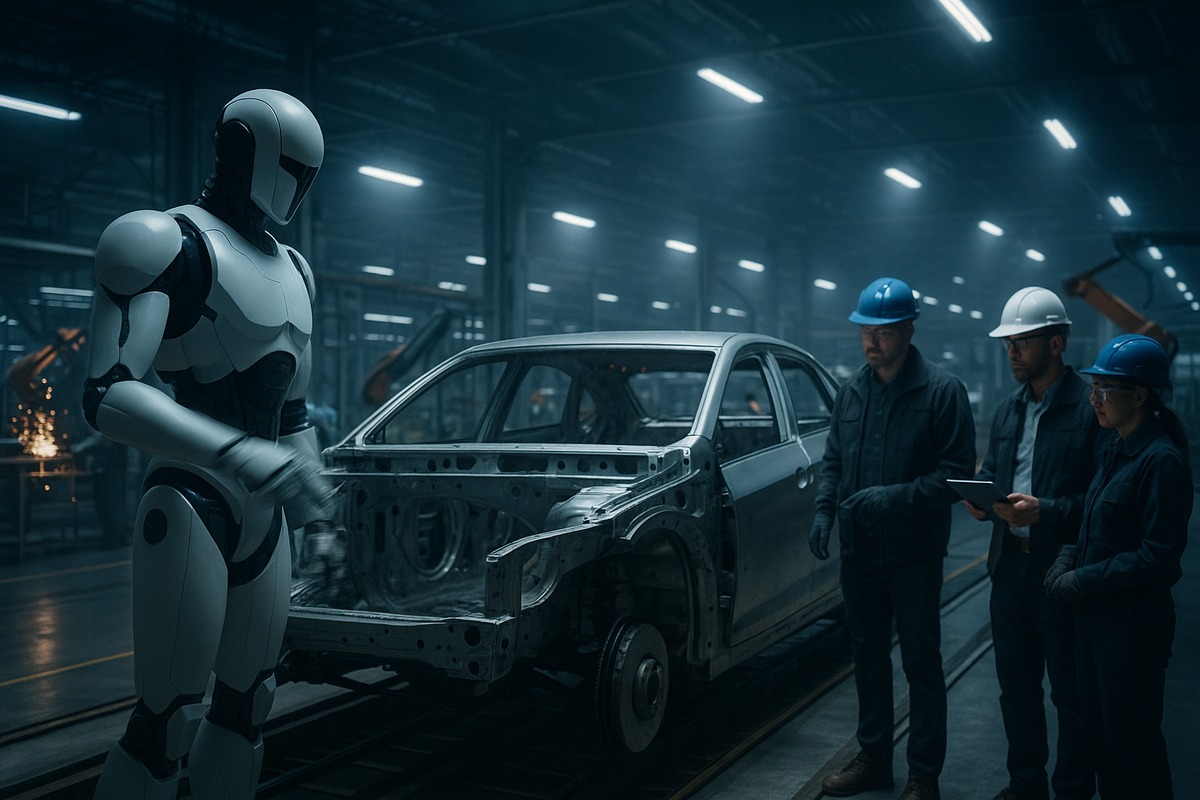 Wide shot inside a modern automotive assembly hall where a tall humanoid robot with a matte white and charcoal shell works alongside human engineers near a car chassis under cool industrial overhead lighting.