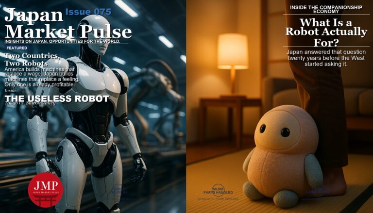 Split-composition magazine cover image contrasting an industrial humanoid robot on a cool blue factory assembly line with a small round pastel companion robot resting beside a person in a warm, lamp-lit Japanese apartment, with Japan Market Pulse cover text overlaid.