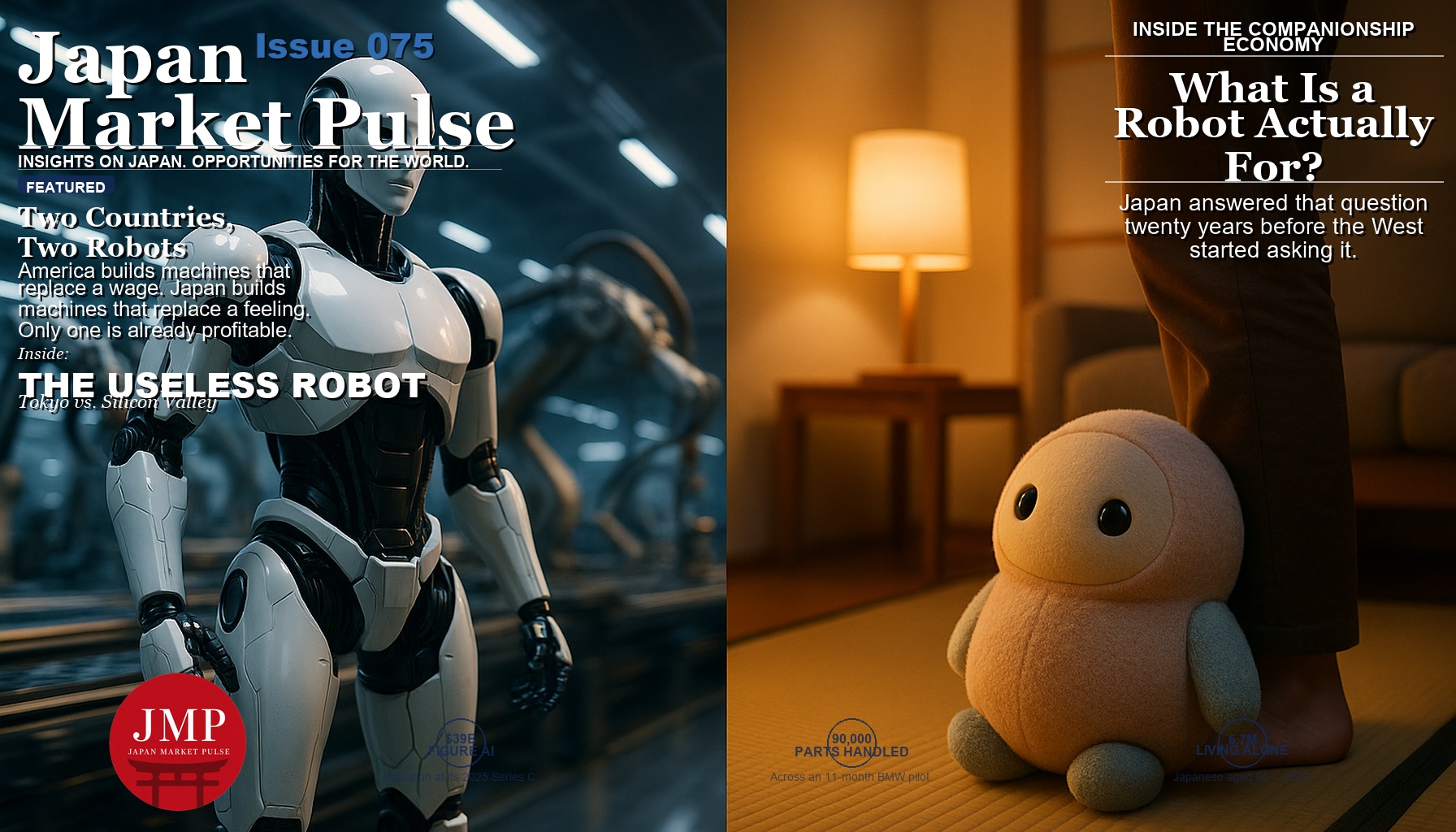 Split-composition magazine cover image contrasting an industrial humanoid robot on a cool blue factory assembly line with a small round pastel companion robot resting beside a person in a warm, lamp-lit Japanese apartment, with Japan Market Pulse cover text overlaid.