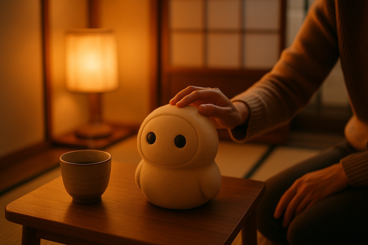 Warmly lit scene in a small Tokyo apartment living room where a small round cream-colored companion robot with simple eyes rests on a low wooden table beside a cup of tea and a person’s hand touching its shell.