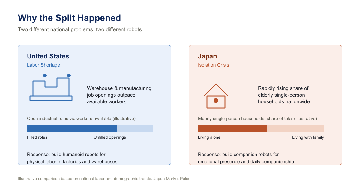 Two-panel comparison chart contrasting the United States labor shortage in warehousing and manufacturing with Japan’s isolation crisis measured by elderly single-person households.