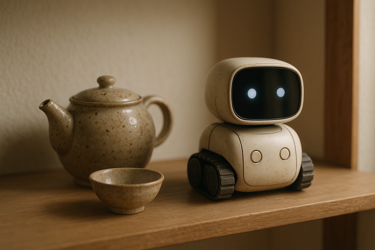 Close-up of a small non-humanoid companion robot on a wooden shelf beside simple traditional Japanese ceramic objects such as a teapot and a small bowl, lit by soft window light.
