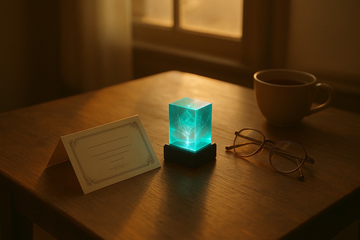 Still-life photograph of a small decorative certificate resting on a wooden table beside a softly glowing glass hologram device, warm evening light through a window, reading glasses and a cup of tea nearby.