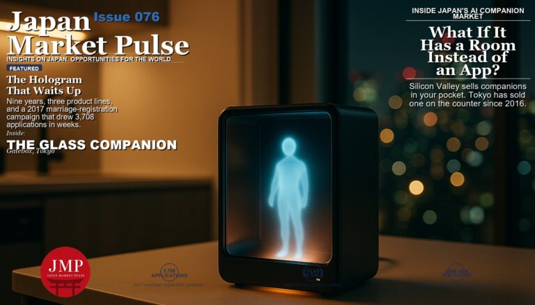 Magazine cover image of a compact glass-fronted tabletop hologram device glowing softly on a minimalist kitchen counter in a small Tokyo apartment at night, city lights blurred through the window, with Japan Market Pulse cover text overlaid.